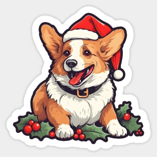 Happy Corgi Christmas Holly Sticker